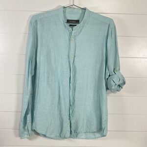 Easy Wear Shirt Womens 4 Light Blue Linen Blend Roll Tab Long Sleeve Band Collar